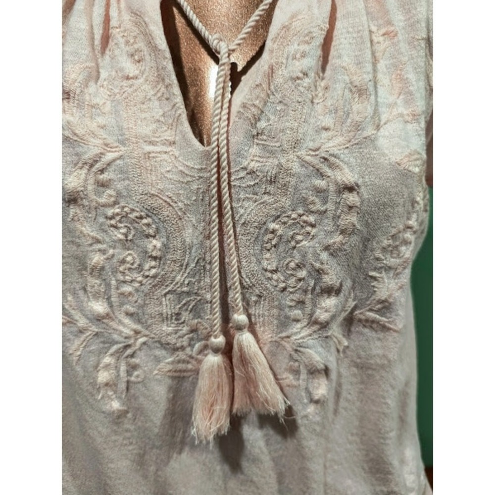 Lucky Brand Pale Pink Embroidered Top with Tasseled Tie at Neck, Sz S - Picture 2 of 5